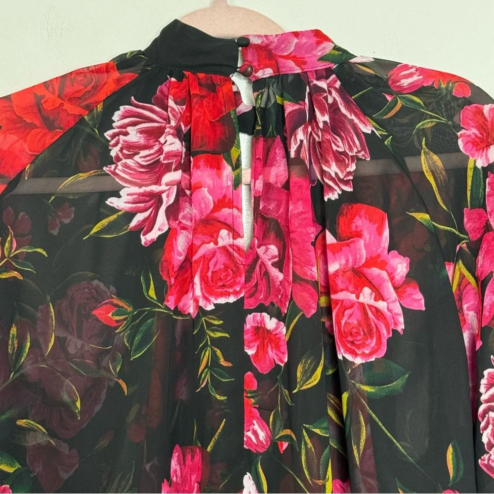 New York & Co 7th Avenue Design Studio Black & Pink Floral Print Sleeve Blouse - Picture 5 of 9